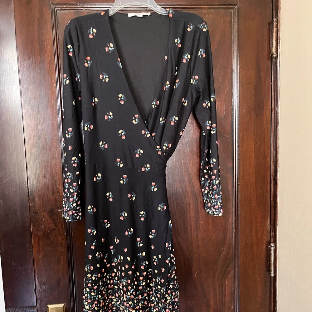 Loft Ann Taylor Black Floral Wrap Dress Long Sleeve Tie Waist Stretch - Picture 1 of 9